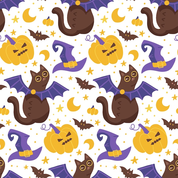 Seamless pattern with cartoon black cats with bat wings witch hat and angree pumpkin isolated on whi