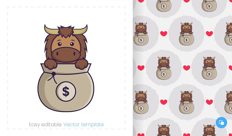 Vector 白い背景の上の漫画の雄牛とのシームレスなパターン。包装紙や布などに使用できます。