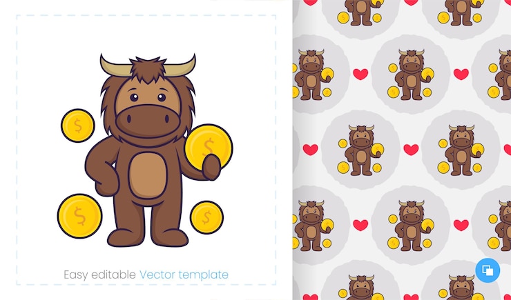 Vector 白い背景の上の漫画の雄牛とのシームレスなパターン。包装紙や布などに使用できます。