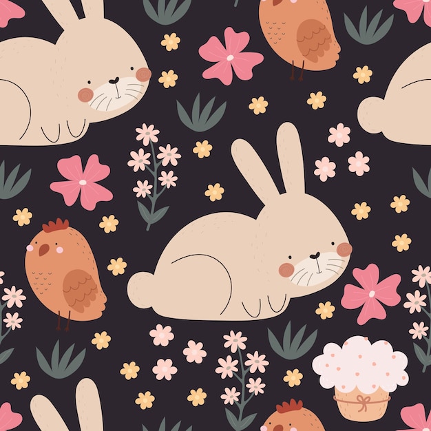 Seamless pattern with cartoon bunny chicken easter cake