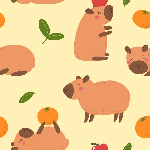 Vector seamless pattern with cartoon capybaras vector animals children's print in flat style