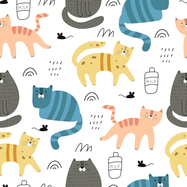 Vector seamless pattern with cartoon cats