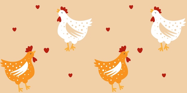 seamless pattern with cartoon chicken and hearts on beige background