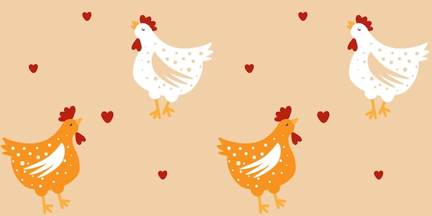 Vector seamless pattern with cartoon chicken and hearts on beige background