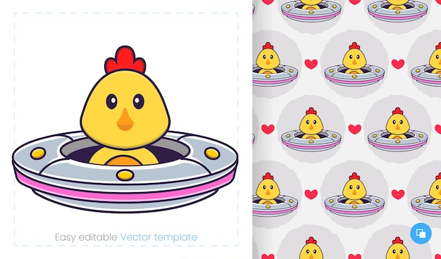 Seamless pattern with cartoon chicken on white background.