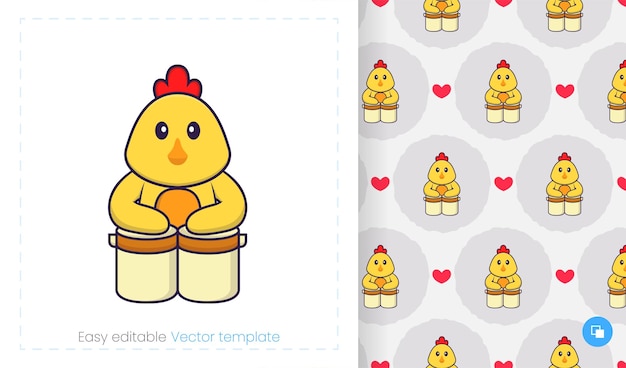 Seamless pattern with cartoon chicken on white background.