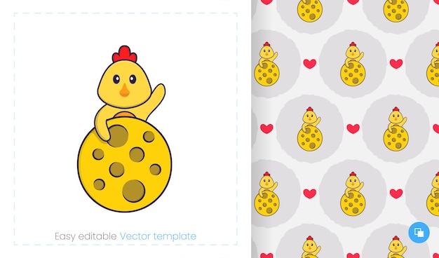 Seamless pattern with cartoon chicken on white background.