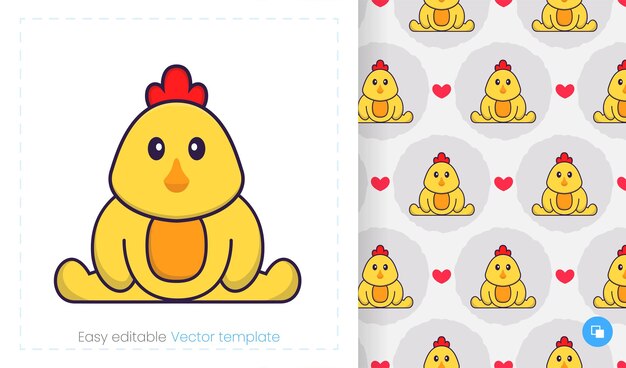 Vector seamless pattern with cartoon chicken on white background.