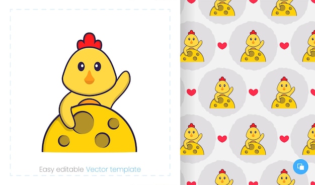 Seamless pattern with cartoon chicken on white background.