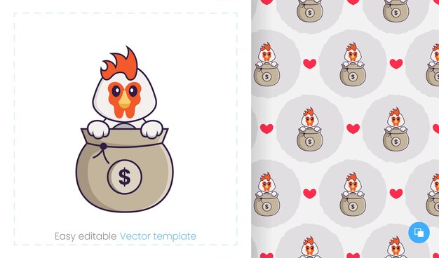 Seamless pattern with cartoon chicken on white background.