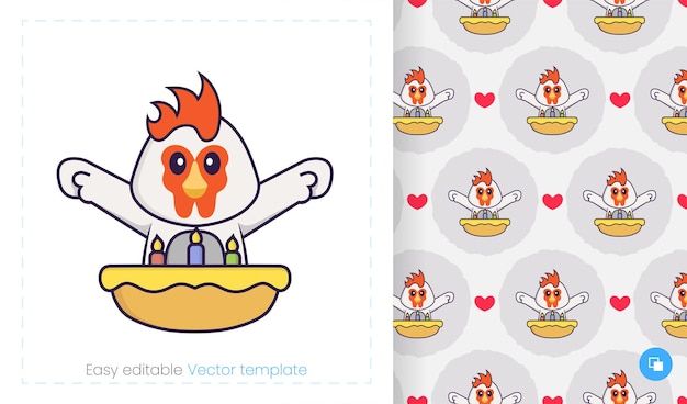 Seamless pattern with cartoon chicken on white background.