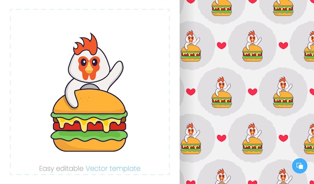 Seamless pattern with cartoon chicken on white background.