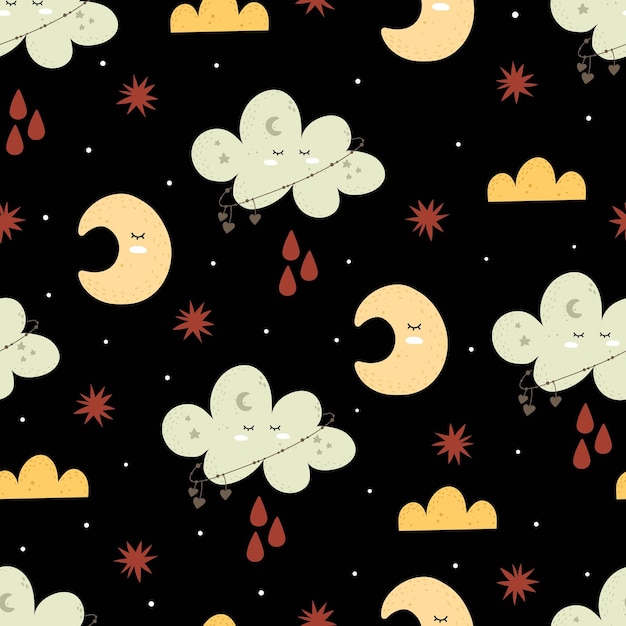 Seamless pattern with cartoon clouds, moon