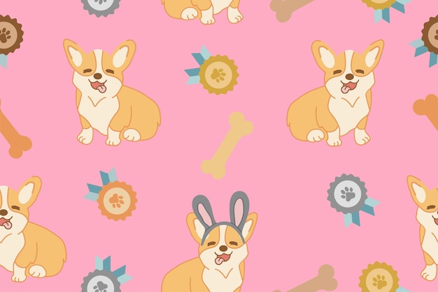 Seamless pattern with cartoon Corgi dog pattern and medals Vector illustration on a pink background Vector