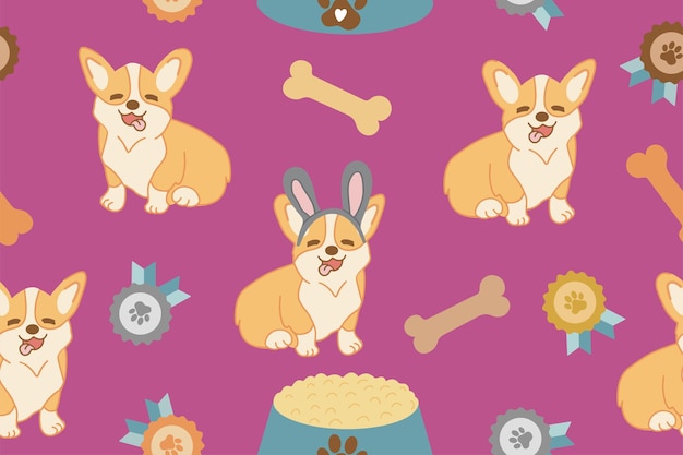 Modello senza cuciture con disegno di cane corgi cartoon e medaglie illustrazione vettoriale su sfondo rosa vettore