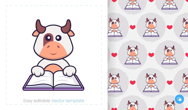 Seamless pattern with cartoon cow on white background.