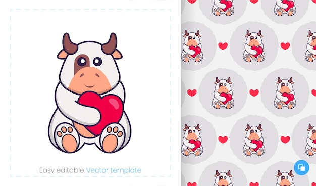 Seamless pattern with cartoon cow on white background.