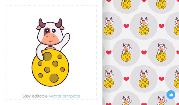 Seamless pattern with cartoon cow on white background.