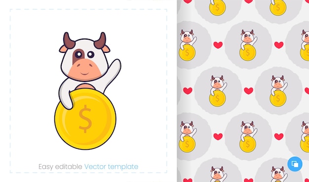 Seamless pattern with cartoon cow on white background.