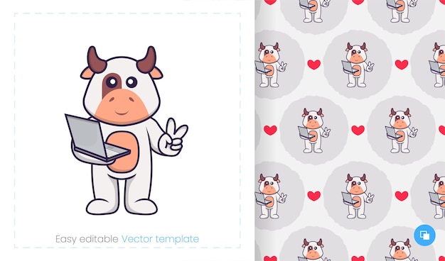 Seamless pattern with cartoon cow on white background.