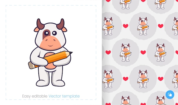 Seamless pattern with cartoon cow on white background.