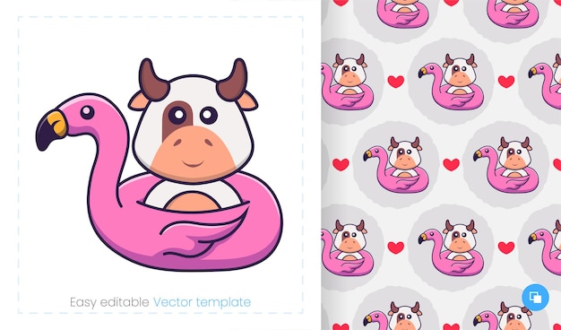 Seamless pattern with cartoon cow on white background.