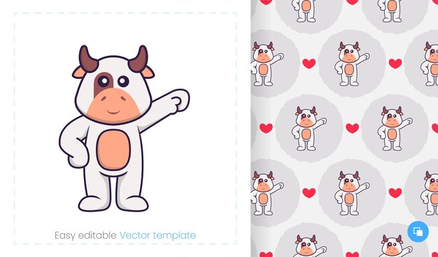 Seamless pattern with cartoon cow on white background.