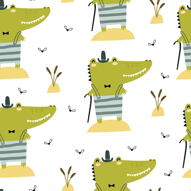 Vector seamless pattern with cartoon crocodiles