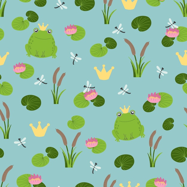 Vector seamless pattern with cartoon cute prince frog and water lily and dragonflies