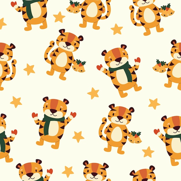 Seamless pattern with cartoon different tigers on a beige background