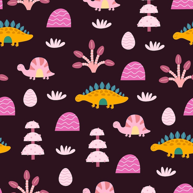 seamless pattern with cartoon dinosaurs, decor elements.