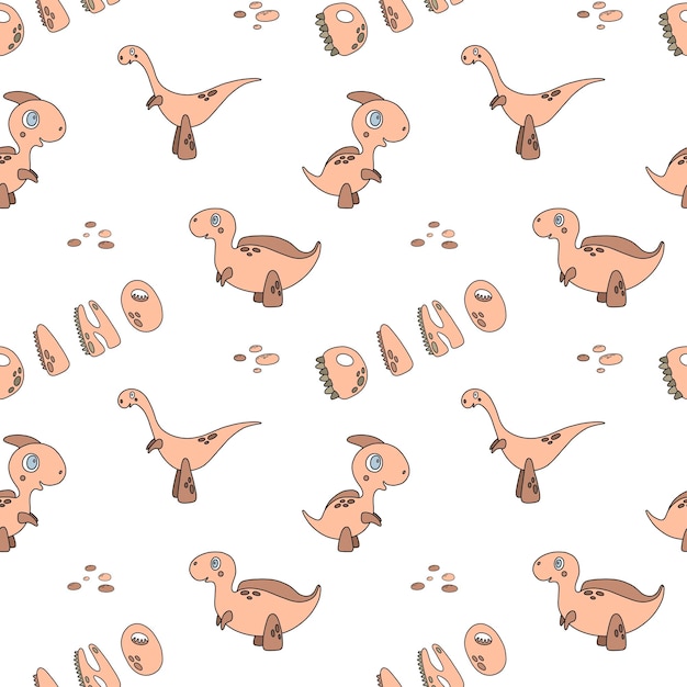 Seamless pattern with cartoon dinosaurs stones and lettering dino Vector illustration