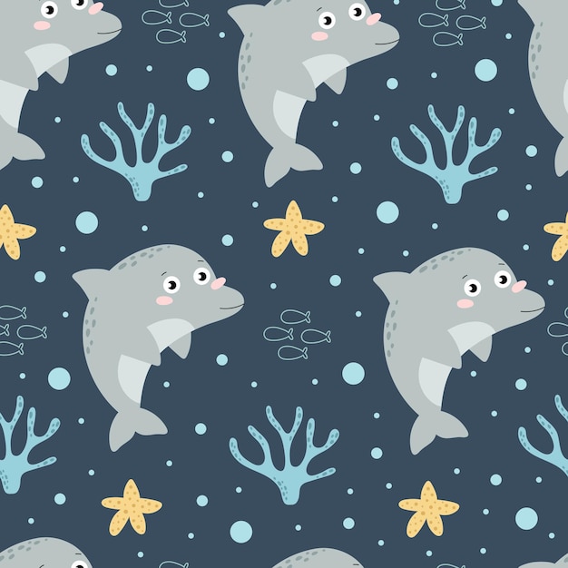 Seamless pattern with cartoon dolphin