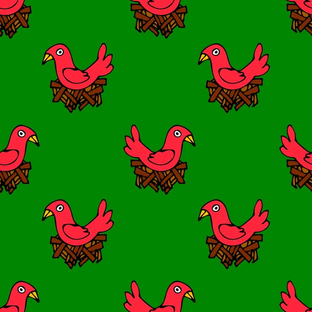 Seamless pattern with cartoon doodle bird in the nest.