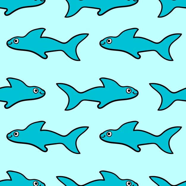 Seamless pattern with cartoon doodle happy shark. Ocean background.