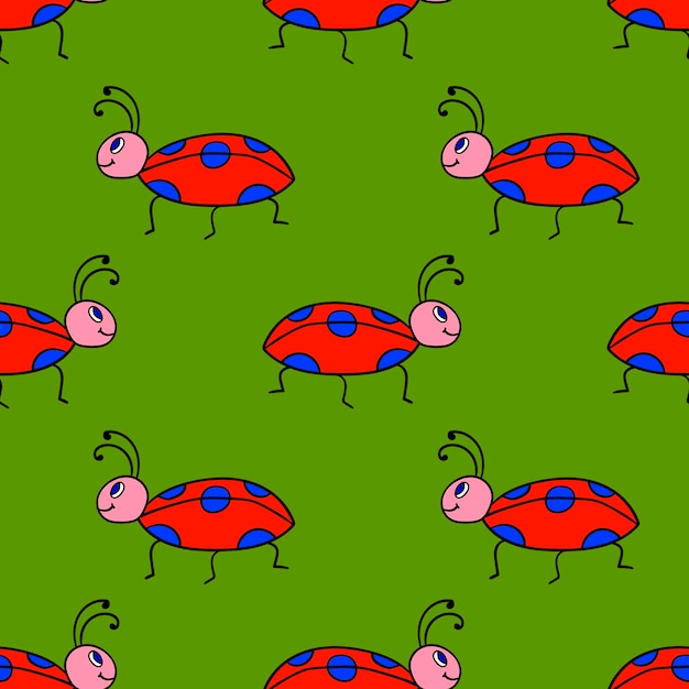 Seamless pattern with cartoon doodle linear ladybug, bug. Insect background