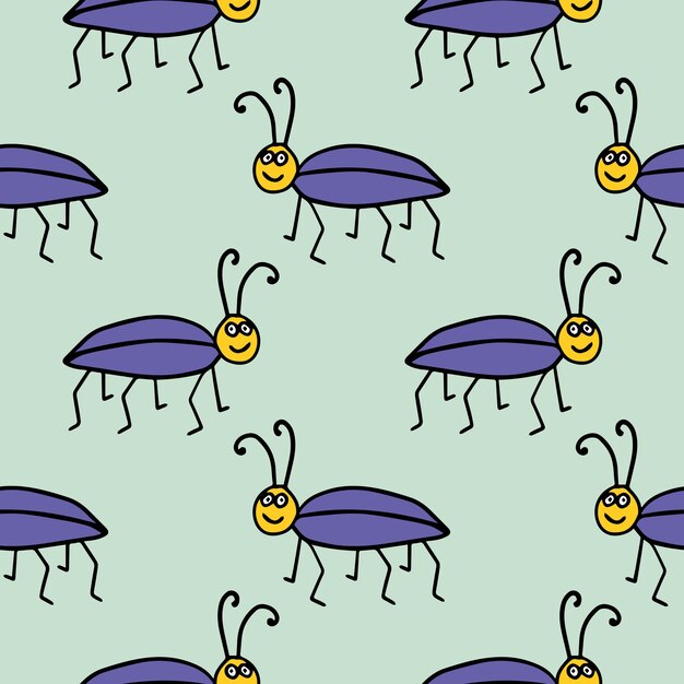 Seamless pattern with cartoon doodle linear ladybug, bug. Insect background