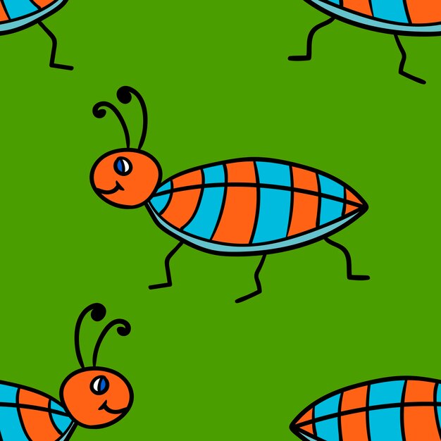 Vector seamless pattern with cartoon doodle linear ladybug, bug. insect background