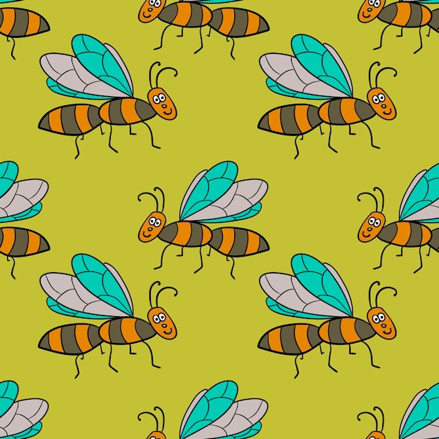 Seamless pattern with cartoon doodle linear midge, fly. Childlike insect background.