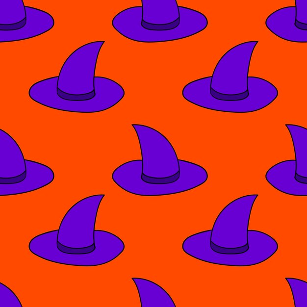 Seamless pattern with cartoon doodle linear witch hat. Halloween background.