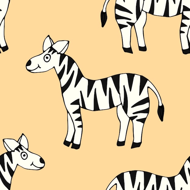 Seamless pattern with cartoon doodle linear zebra.