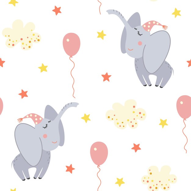 Vector seamless pattern with cartoon elephants balloons and stars