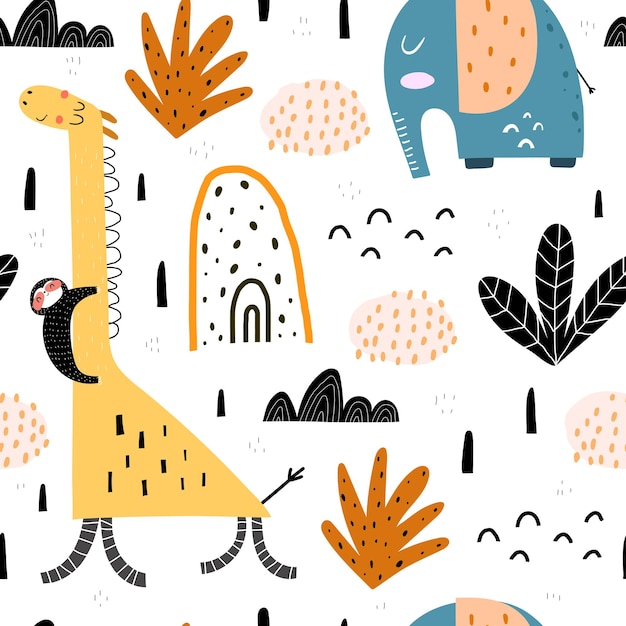 Seamless pattern with cartoon elephants giraffe sloths