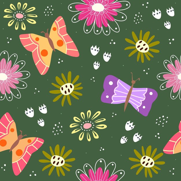 Seamless pattern with cartoon flowers butterflies decor elements