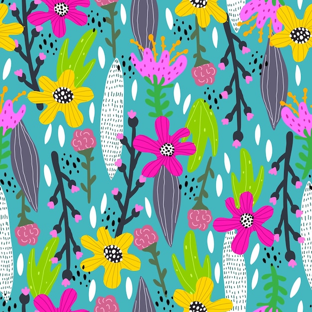 seamless pattern with cartoon flowers, decor elements