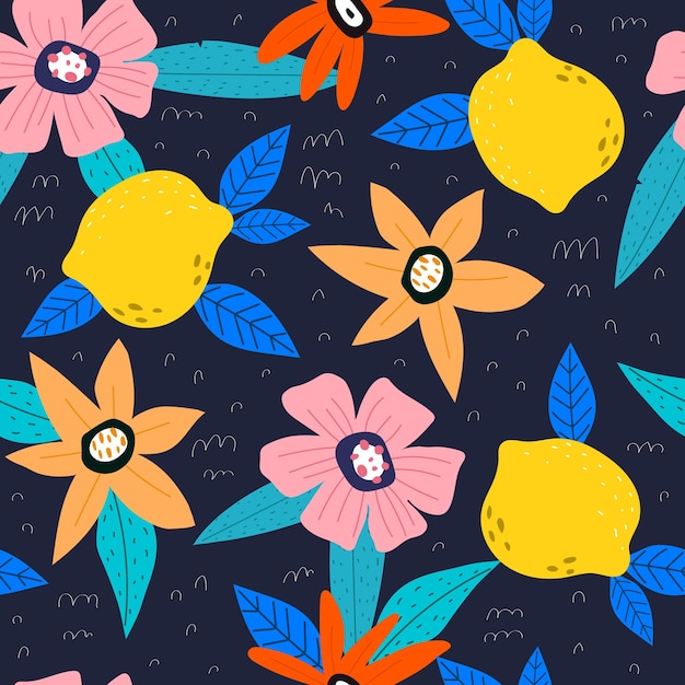 Vector seamless pattern with cartoon flowers lemons