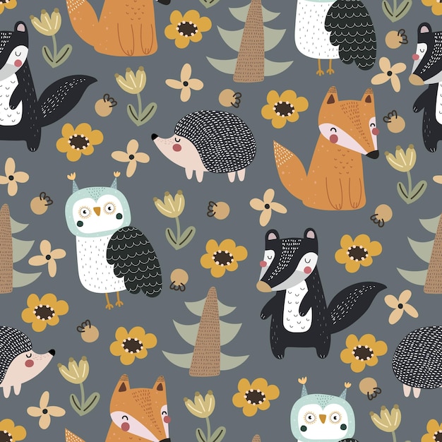 Seamless pattern with cartoon fox owl badger hedgehog tree