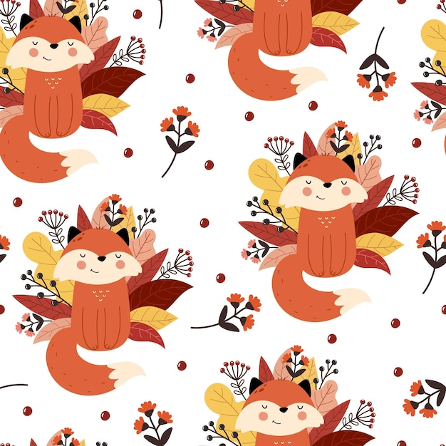 Vector seamless pattern with cartoon foxes leaves twigs