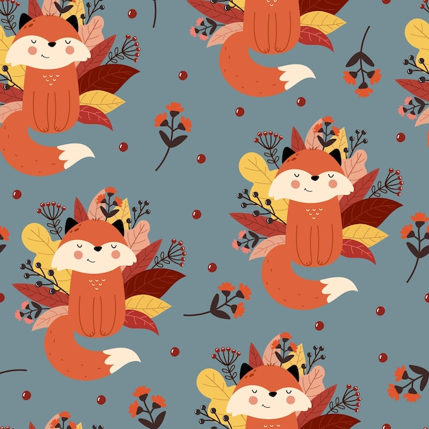 Vector seamless pattern with cartoon foxes, leaves, twigs