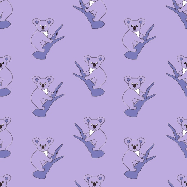 Seamless pattern with cartoon funny koala on branch on purple background